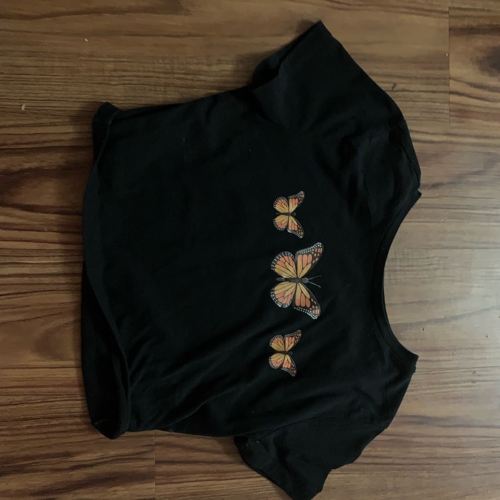 Wild Fable Black Crop Top with Orange Butterfly Design